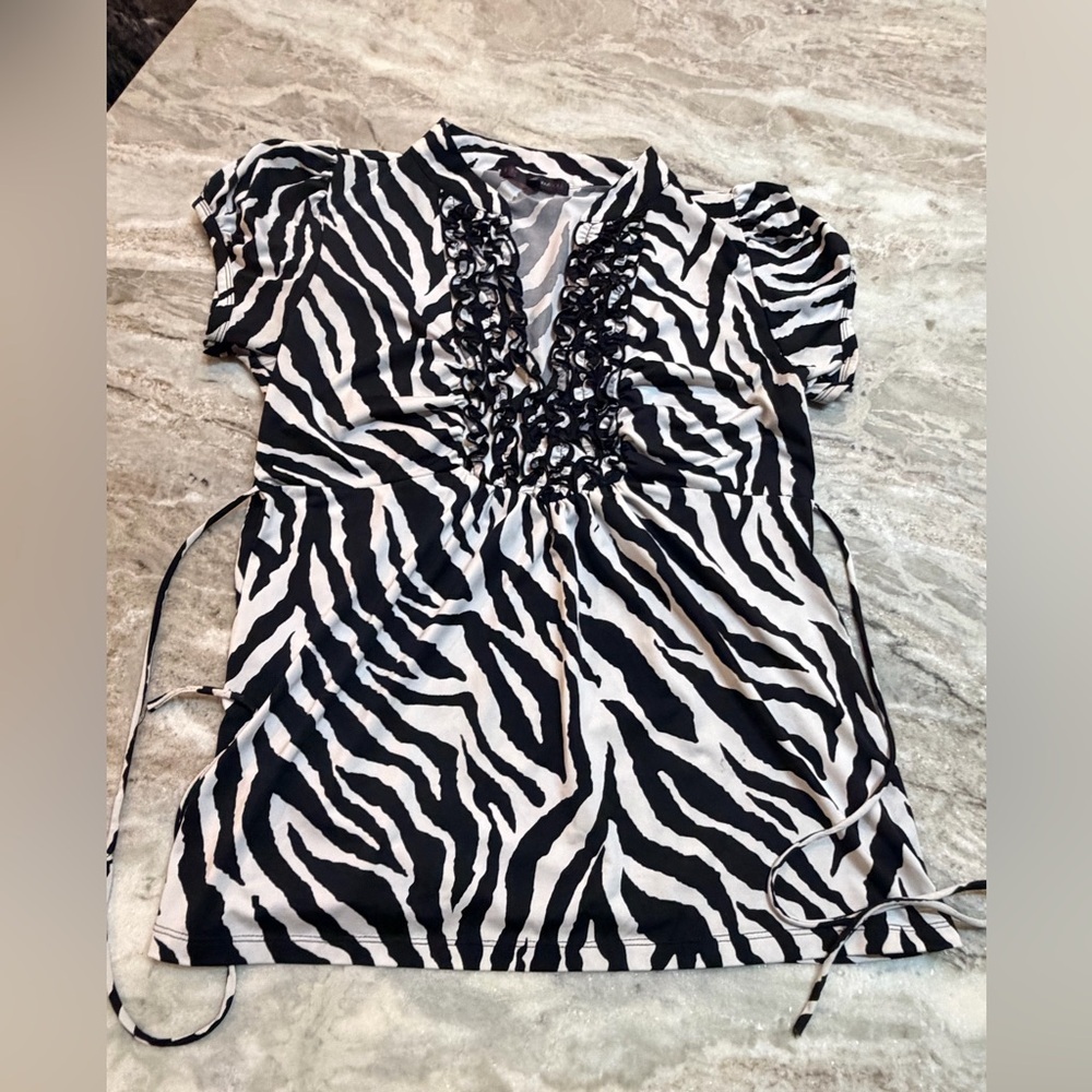 HeartSoul 1X Black White Zebra Print Top Drawstring Side Tie Mock Wrap